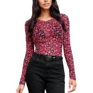 🆕WomenDark Red Floral Mesh Top Crew Neck Long Sleeve Sexy See Through Polyester